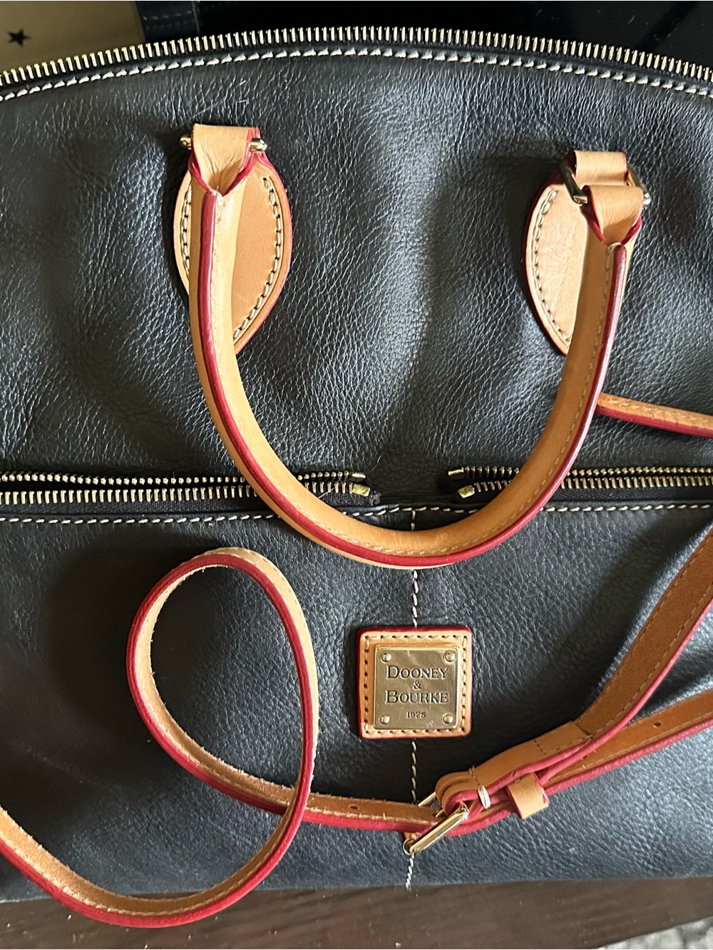 Dooney & Bourke Black Leather Shoulder Bag with Tan and Red Trim